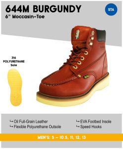 Cactus Men’s 644M 6” Moc-Toe Work Boots – Burgundy